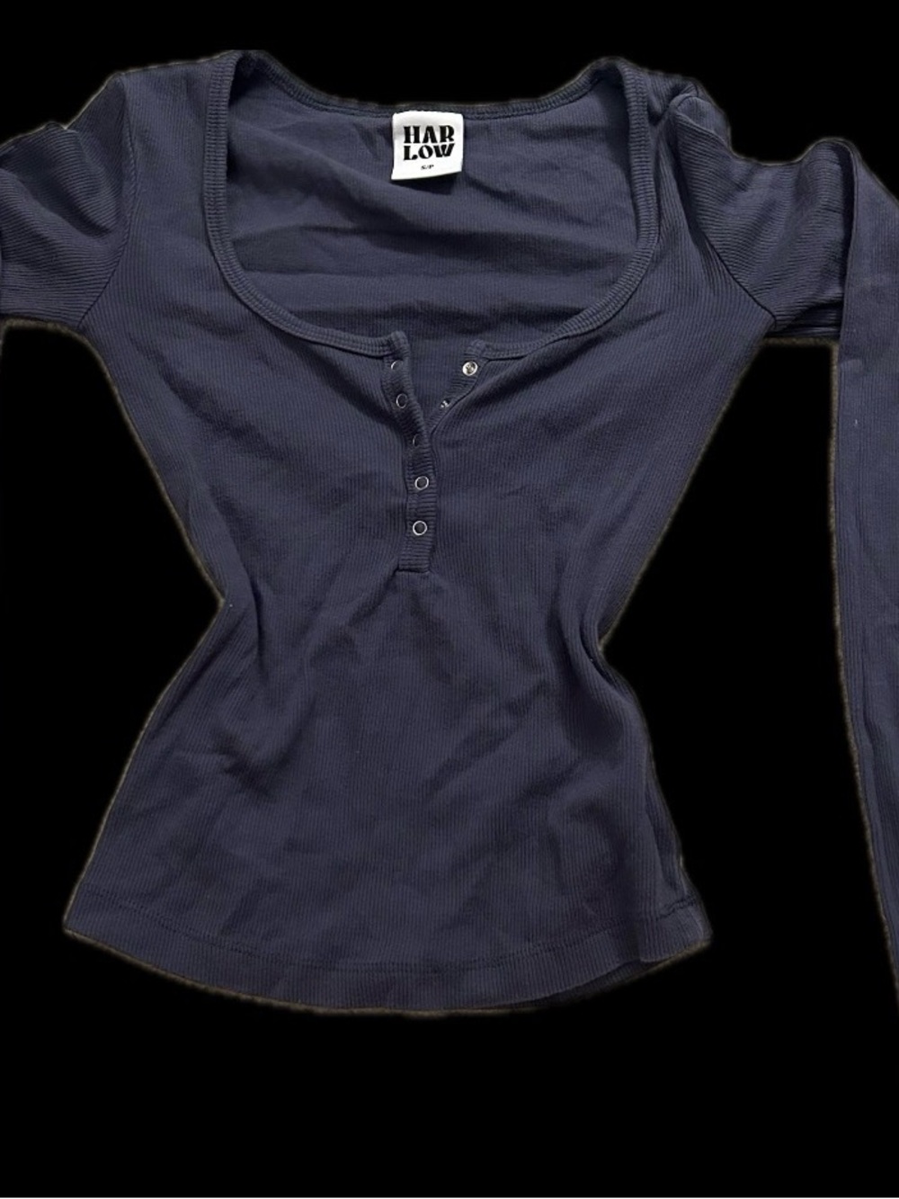 Harlow Navy Ribbed Scoop Neck Henley Long Sleeve Top